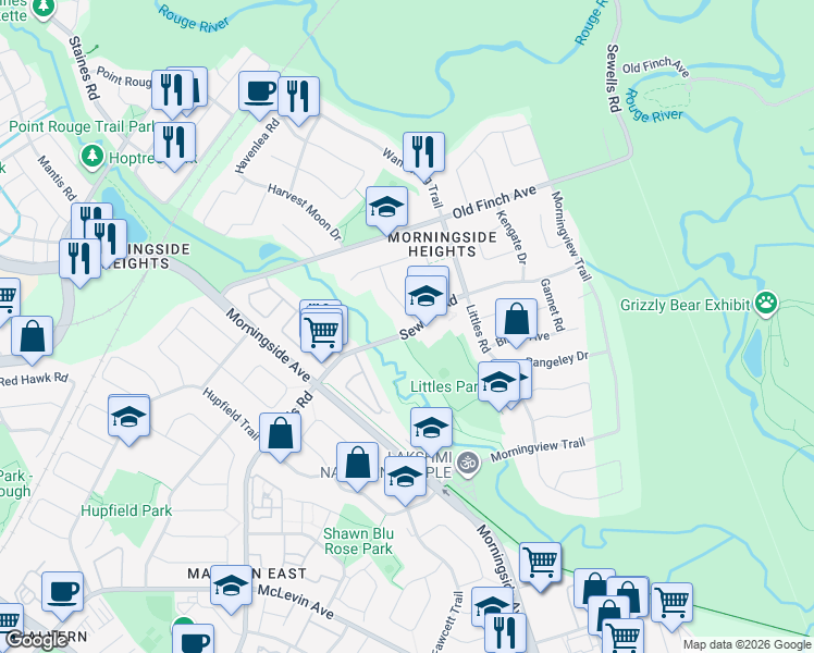 map of restaurants, bars, coffee shops, grocery stores, and more near 2 Glenheather Terrace in Toronto