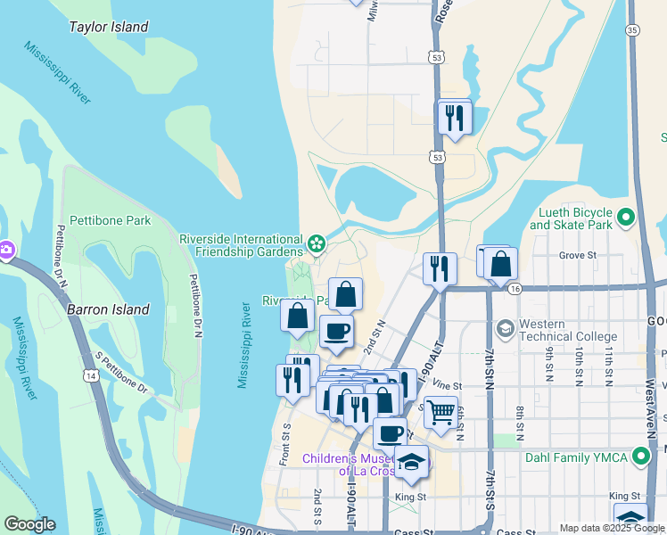 map of restaurants, bars, coffee shops, grocery stores, and more near 1 Riverplace Drive in La Crosse