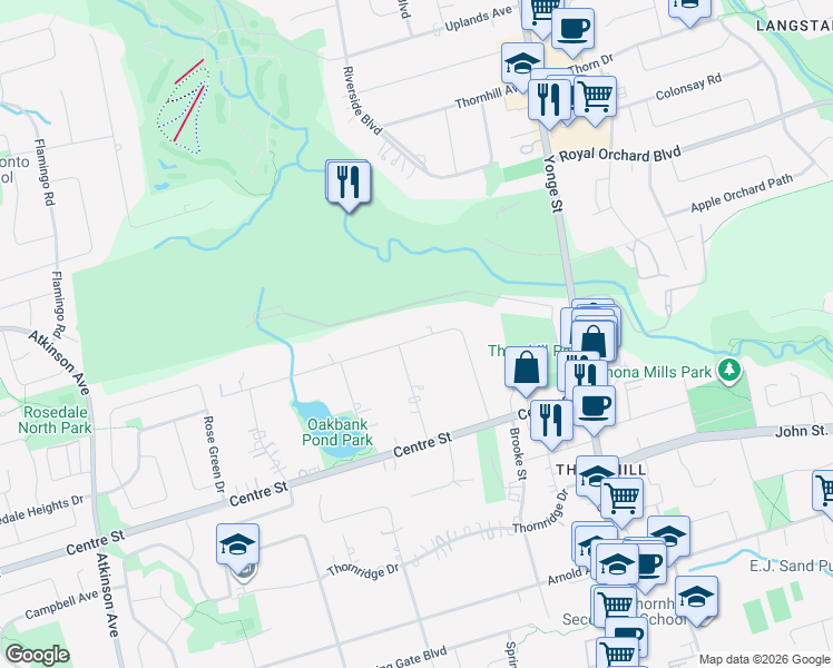 map of restaurants, bars, coffee shops, grocery stores, and more near 33 Thornbank Road in Vaughan