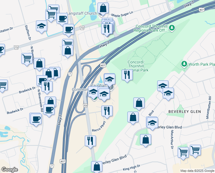 map of restaurants, bars, coffee shops, grocery stores, and more near 200 Racco Parkway in Vaughan