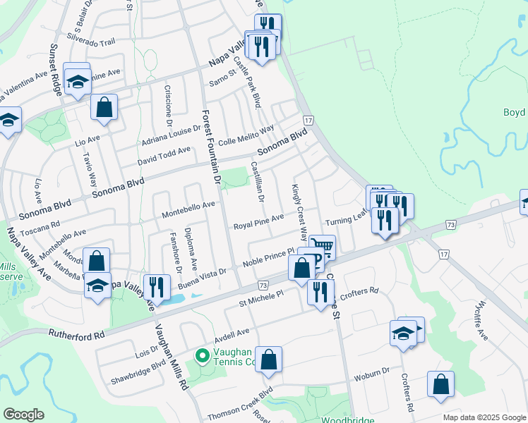 map of restaurants, bars, coffee shops, grocery stores, and more near Castillian Drive in Vaughan