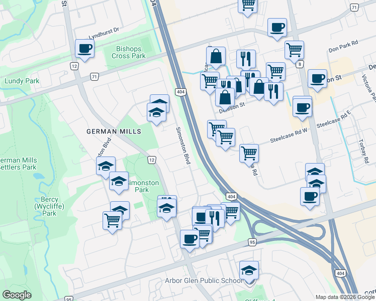 map of restaurants, bars, coffee shops, grocery stores, and more near 256 Simonston Boulevard in Markham