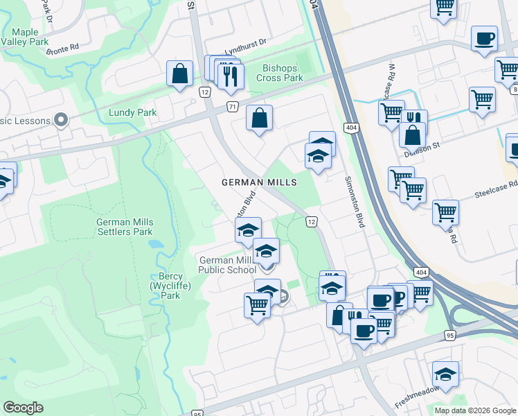 map of restaurants, bars, coffee shops, grocery stores, and more near 15 German Mills Road in Markham
