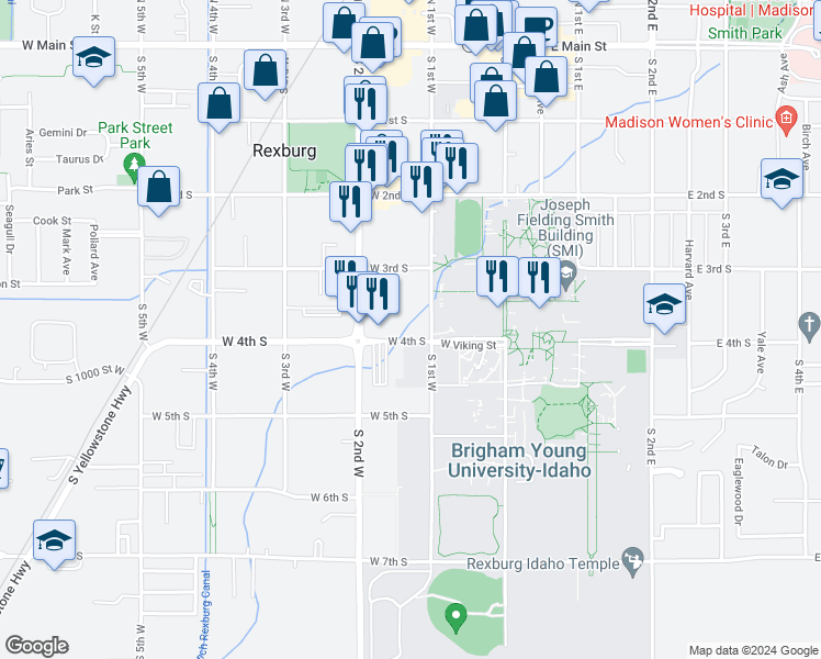 map of restaurants, bars, coffee shops, grocery stores, and more near 120 West 4th South in Rexburg