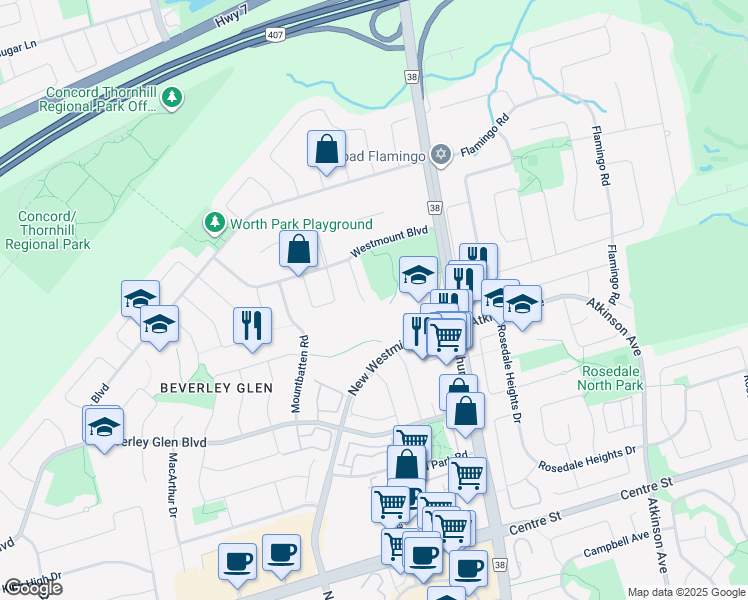 map of restaurants, bars, coffee shops, grocery stores, and more near 49 Miranda Court in Vaughan