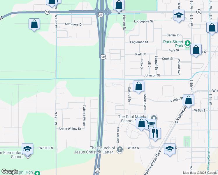 map of restaurants, bars, coffee shops, grocery stores, and more near 960 Anne Street in Rexburg