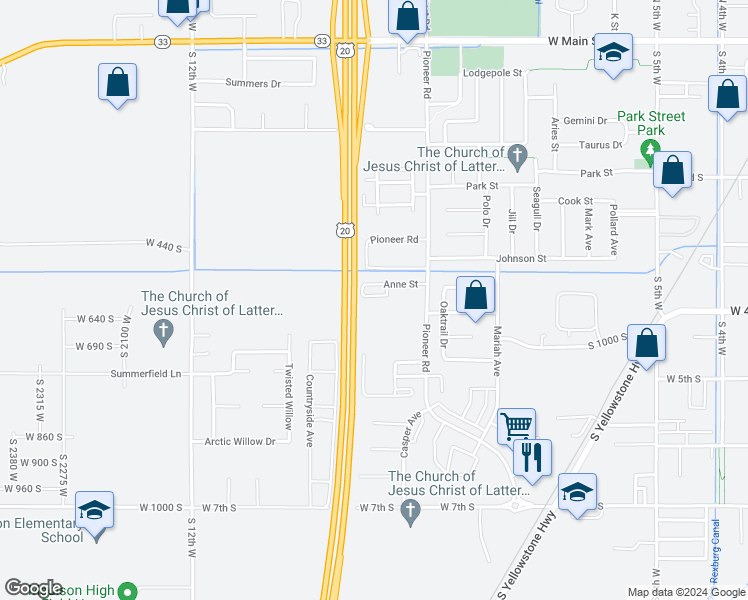 map of restaurants, bars, coffee shops, grocery stores, and more near 952 Anne Street in Rexburg