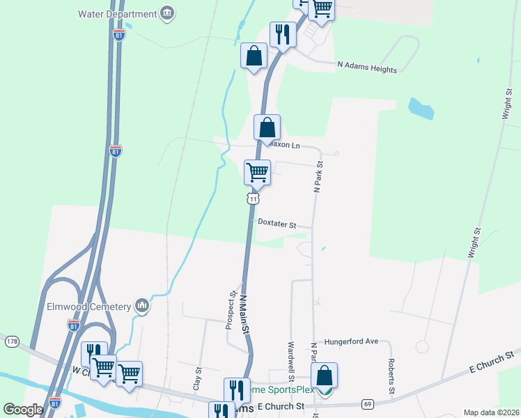 map of restaurants, bars, coffee shops, grocery stores, and more near 10382 U.S. 11 in Adams