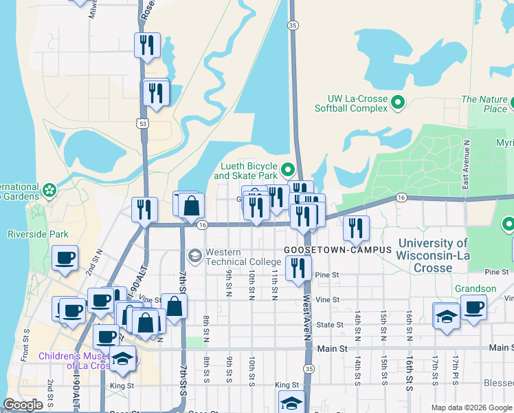map of restaurants, bars, coffee shops, grocery stores, and more near 624 10th Street North in La Crosse