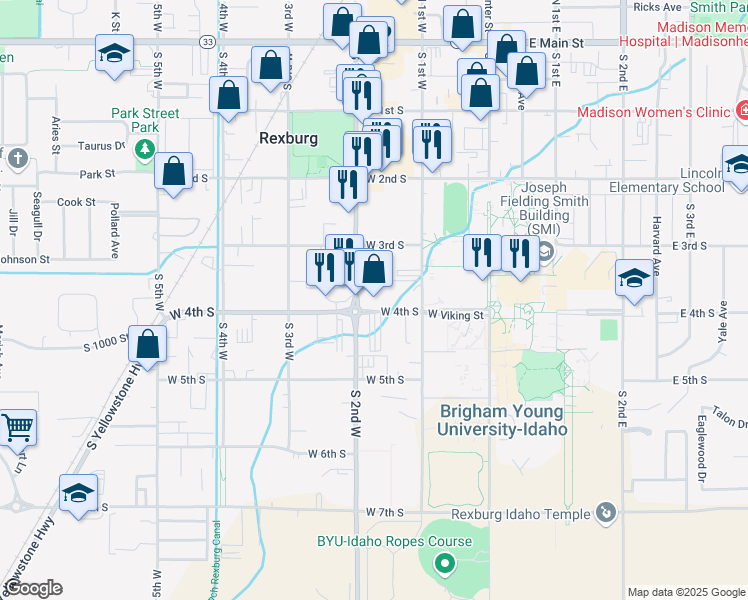 map of restaurants, bars, coffee shops, grocery stores, and more near 383 South 2nd West in Rexburg