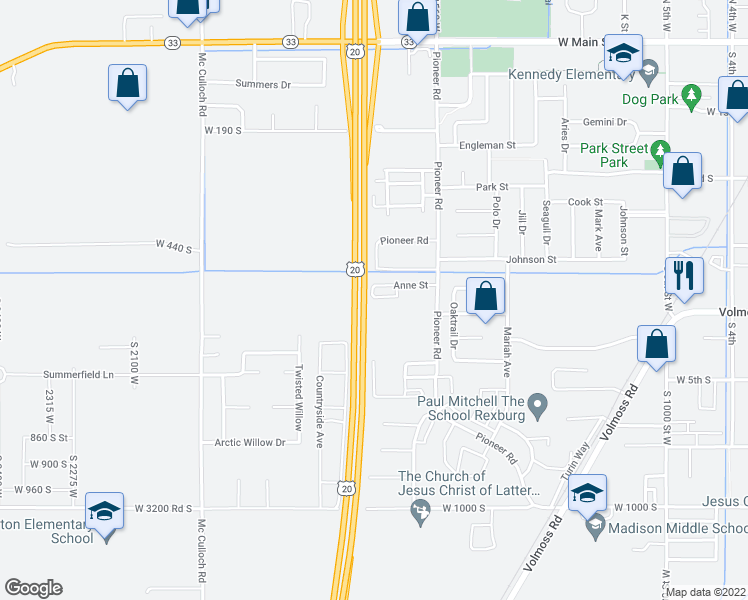 map of restaurants, bars, coffee shops, grocery stores, and more near 936 Anne Street in Rexburg
