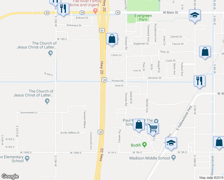 map of restaurants, bars, coffee shops, grocery stores, and more near 960 Anne Street in Rexburg