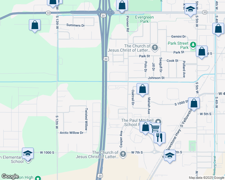 map of restaurants, bars, coffee shops, grocery stores, and more near 960 Anne Street in Rexburg