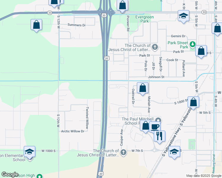 map of restaurants, bars, coffee shops, grocery stores, and more near 960 Anne Street in Rexburg