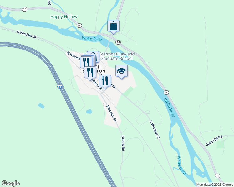 map of restaurants, bars, coffee shops, grocery stores, and more near 266 South Windsor Street in Royalton