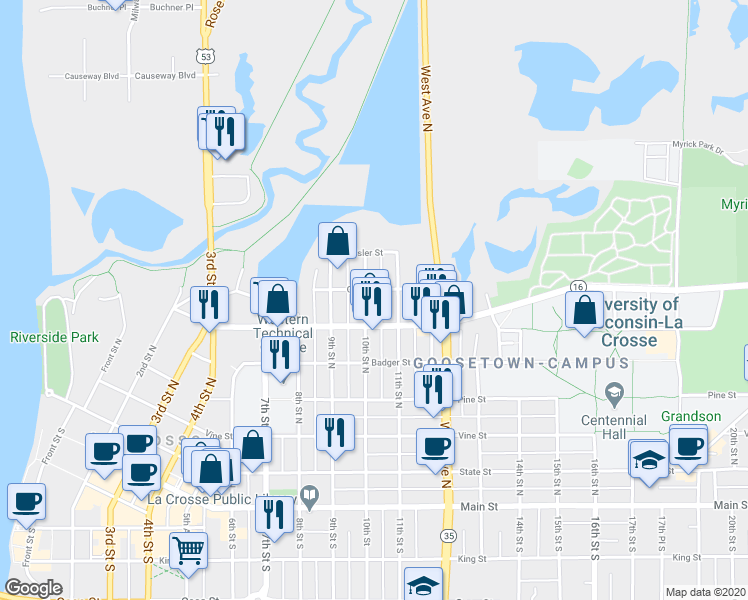 map of restaurants, bars, coffee shops, grocery stores, and more near 624 10th Street North in La Crosse