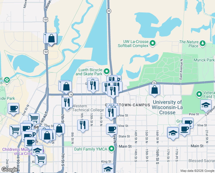 map of restaurants, bars, coffee shops, grocery stores, and more near 620 11th Street North in La Crosse