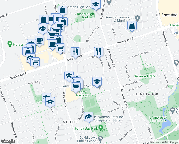 map of restaurants, bars, coffee shops, grocery stores, and more near 25 Sandyhook Square in Toronto