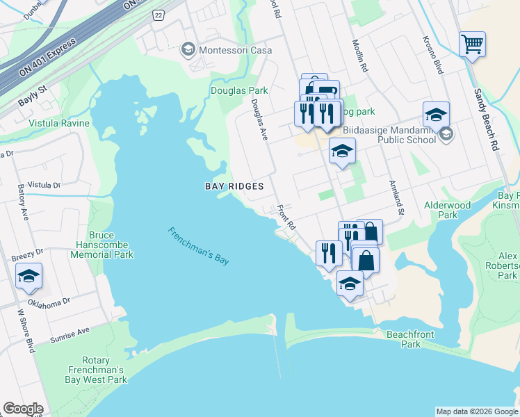 map of restaurants, bars, coffee shops, grocery stores, and more near 1244 Waterpoint Street in Pickering