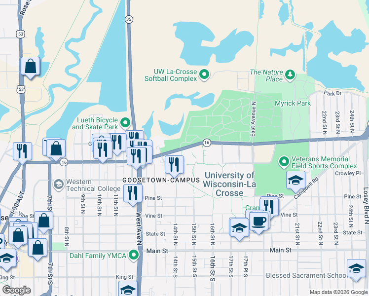 map of restaurants, bars, coffee shops, grocery stores, and more near La Crosse Street in La Crosse
