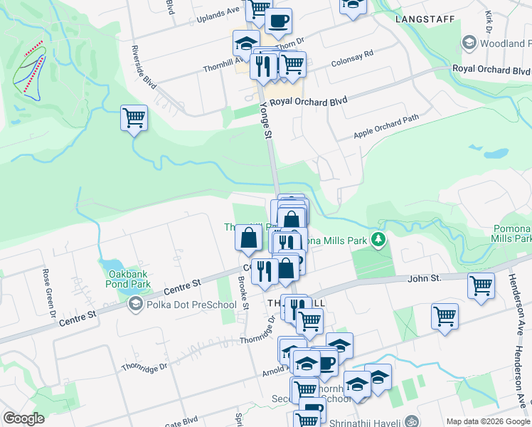map of restaurants, bars, coffee shops, grocery stores, and more near 9205 Old Yonge Street in Vaughan