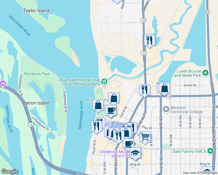 map of restaurants, bars, coffee shops, grocery stores, and more near 1 Riverplace Drive in La Crosse
