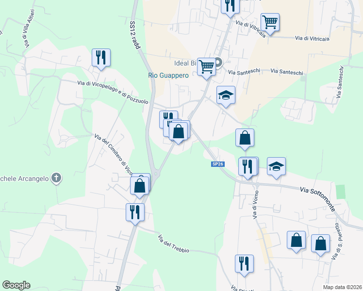 map of restaurants, bars, coffee shops, grocery stores, and more near 523 Via Nuova per Pisa in Lucca