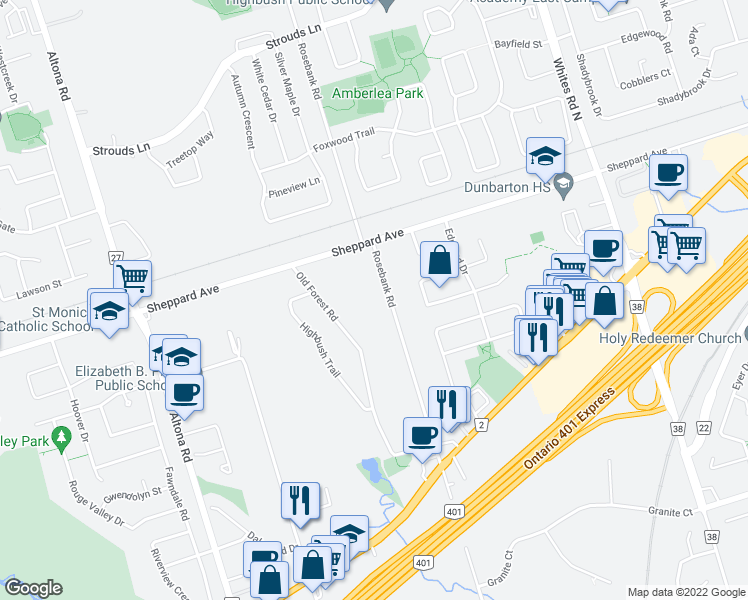 map of restaurants, bars, coffee shops, grocery stores, and more near 1476 Rosebank Road in Pickering