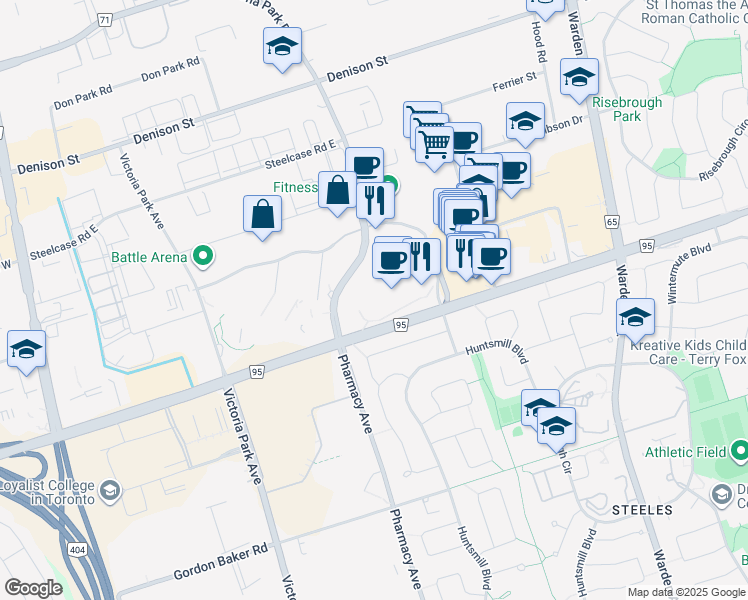 map of restaurants, bars, coffee shops, grocery stores, and more near 3600 Steeles Avenue East in Markham