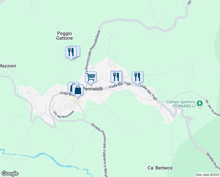 map of restaurants, bars, coffee shops, grocery stores, and more near 1 Viale dei Tigli in Pennabilli