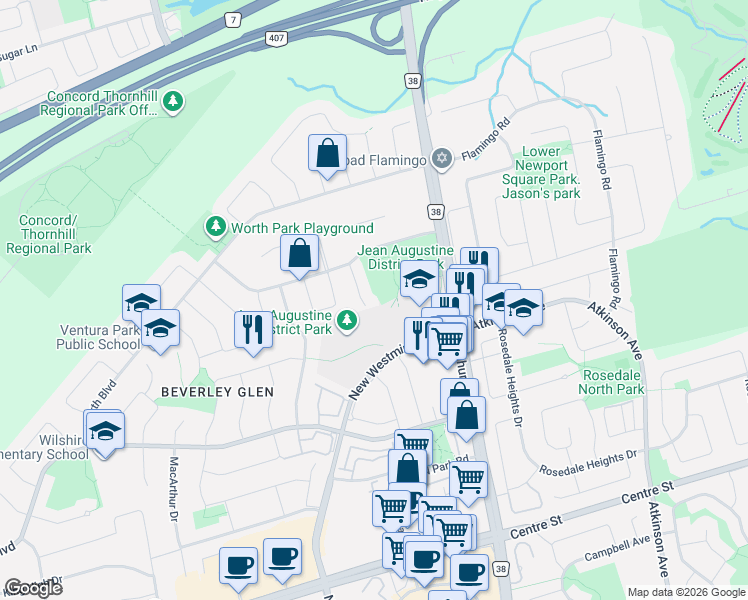 map of restaurants, bars, coffee shops, grocery stores, and more near 45 Miranda Court in Vaughan