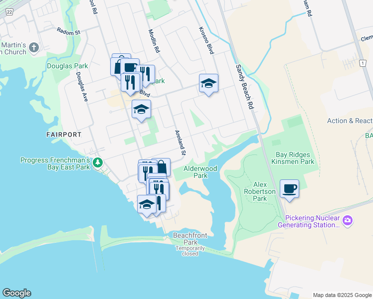 map of restaurants, bars, coffee shops, grocery stores, and more near 671 Annland Street in Pickering