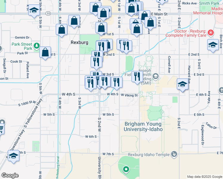 map of restaurants, bars, coffee shops, grocery stores, and more near 120 West 4th South in Rexburg