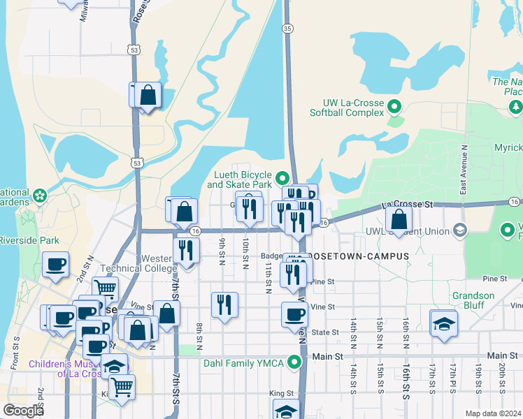 map of restaurants, bars, coffee shops, grocery stores, and more near 624 10th Street North in La Crosse