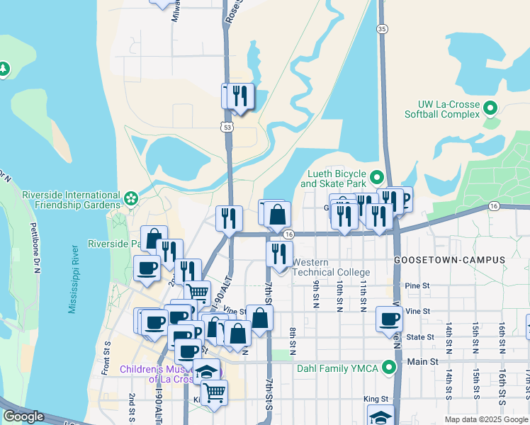 map of restaurants, bars, coffee shops, grocery stores, and more near 620 7th Street North in La Crosse