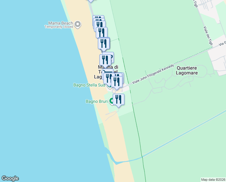 map of restaurants, bars, coffee shops, grocery stores, and more near Viale John Fitzgerald Kennedy in Marina di Torre del Lago Puccini