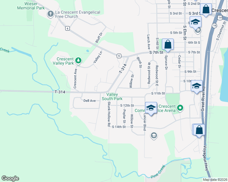 map of restaurants, bars, coffee shops, grocery stores, and more near 1102 Juniper Street in La Crescent