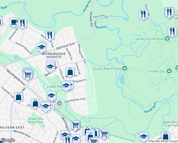 map of restaurants, bars, coffee shops, grocery stores, and more near Morningview Trail in Toronto