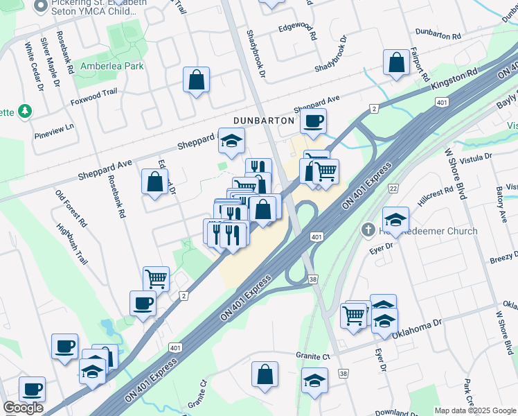 map of restaurants, bars, coffee shops, grocery stores, and more near 650 Kingston Road in Pickering