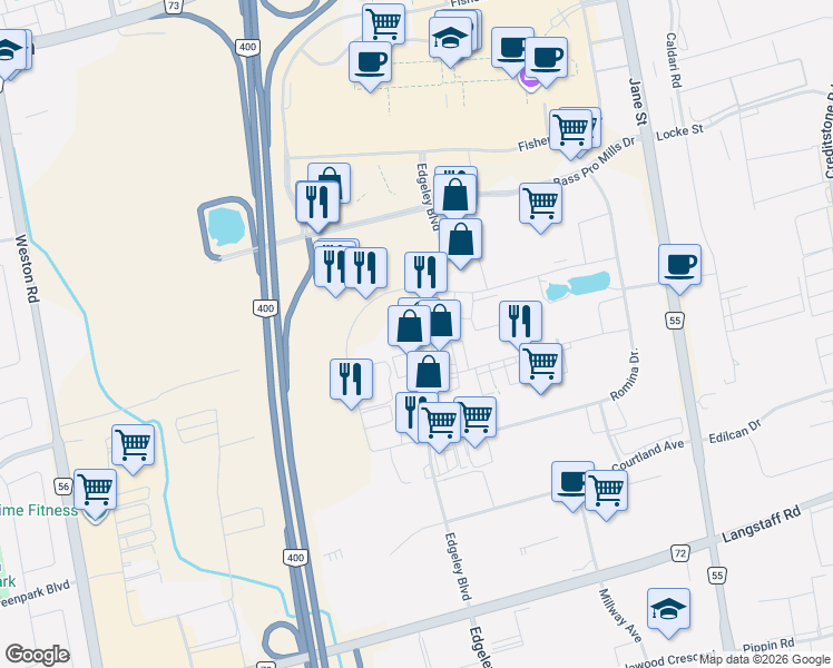 map of restaurants, bars, coffee shops, grocery stores, and more near 960 Edgeley Boulevard in Vaughan