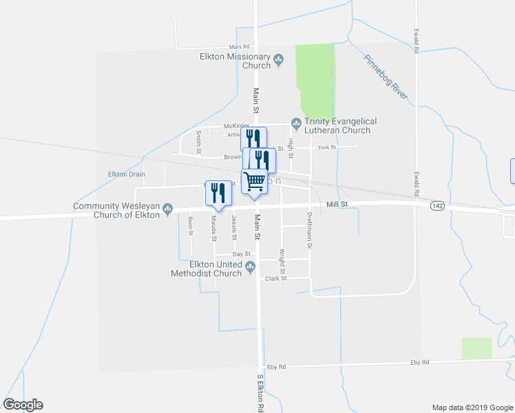 map of restaurants, bars, coffee shops, grocery stores, and more near 1 North Main Street in Elkton