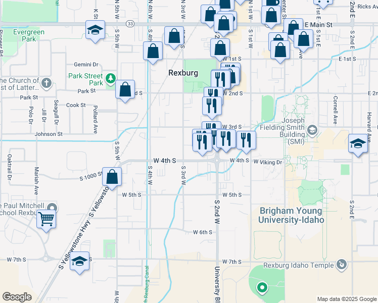 map of restaurants, bars, coffee shops, grocery stores, and more near 345 South 3rd West in Rexburg