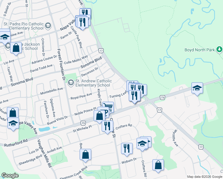 map of restaurants, bars, coffee shops, grocery stores, and more near 1 Royal Pine Avenue in Vaughan