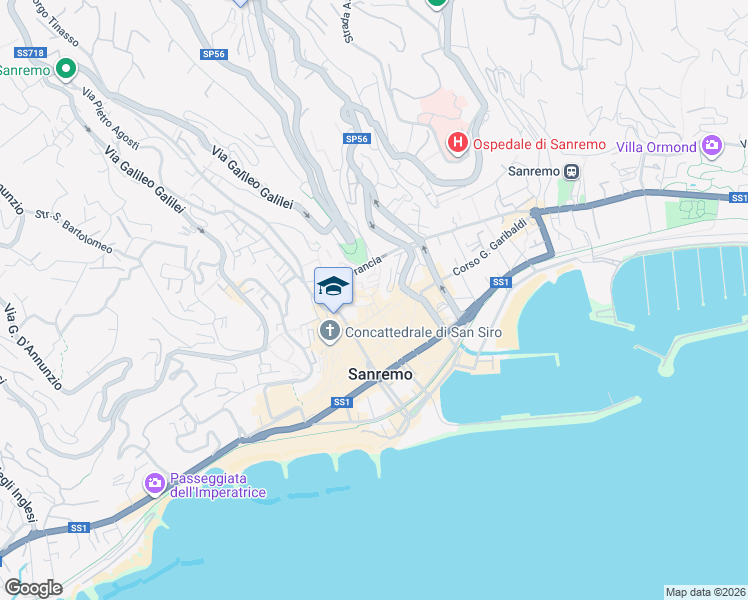 map of restaurants, bars, coffee shops, grocery stores, and more near 180 Piazza Gian Domenico Cassini in Sanremo