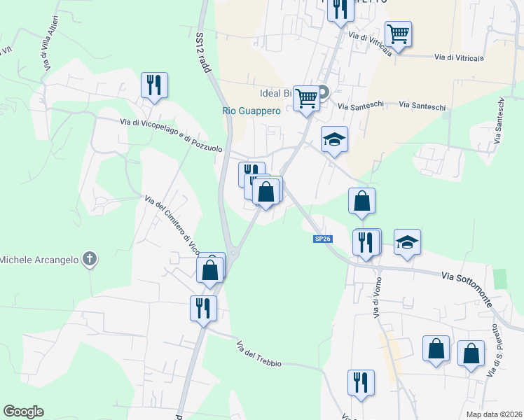 map of restaurants, bars, coffee shops, grocery stores, and more near 521-523 Via Nuova per Pisa in Lucca