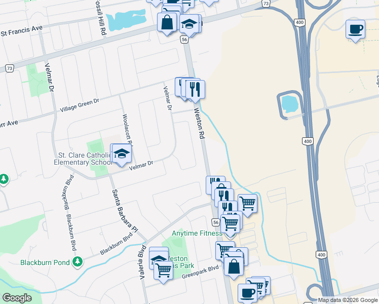 map of restaurants, bars, coffee shops, grocery stores, and more near 107 Flushing Avenue in Vaughan