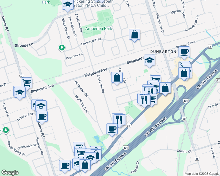 map of restaurants, bars, coffee shops, grocery stores, and more near 1461 Rosebank Road in Pickering