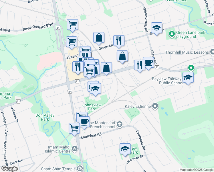 map of restaurants, bars, coffee shops, grocery stores, and more near in Markham
