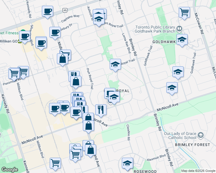 map of restaurants, bars, coffee shops, grocery stores, and more near 65 Becca Hall Trail in Toronto