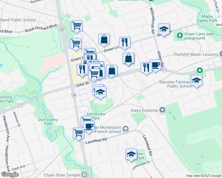 map of restaurants, bars, coffee shops, grocery stores, and more near 23 Bowman Way in Markham